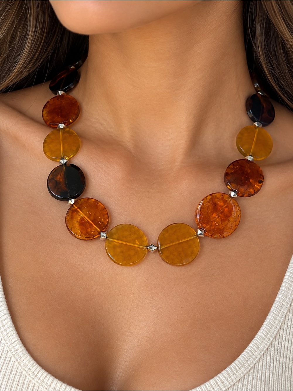 Tortoiseshell Resin Disc Statement Boho Necklace